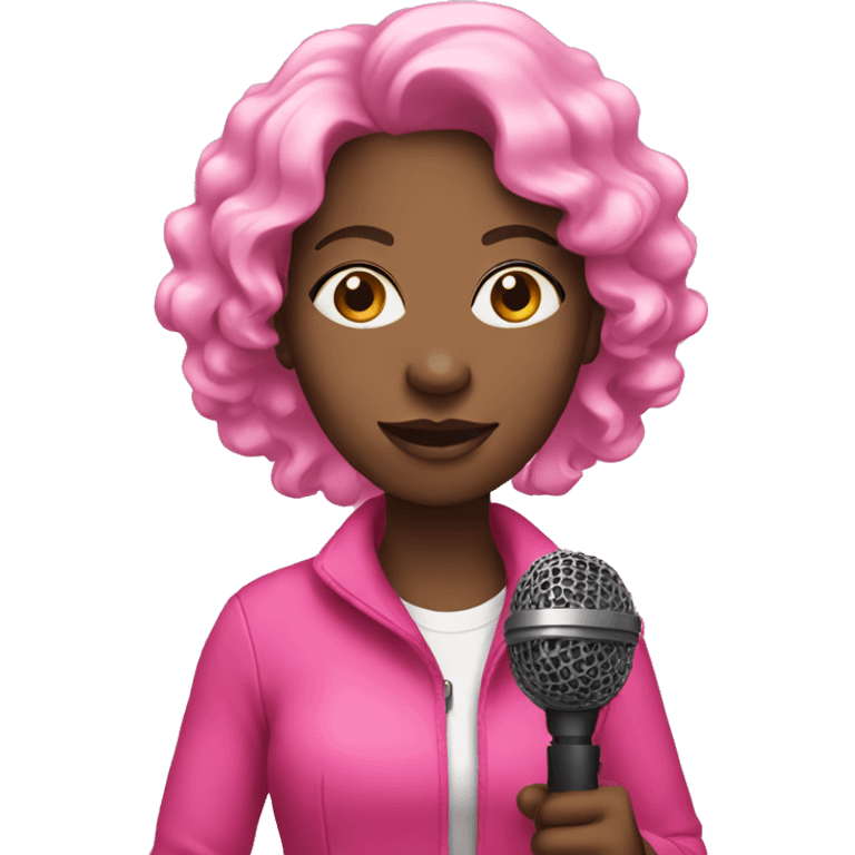 Black woman walking with microphone wearing pink emoji