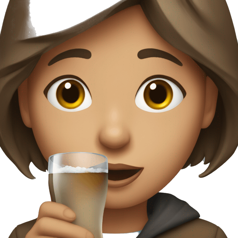 A young brown haired girl holding a glass with smoke coming out of her mouth from the cold  emoji