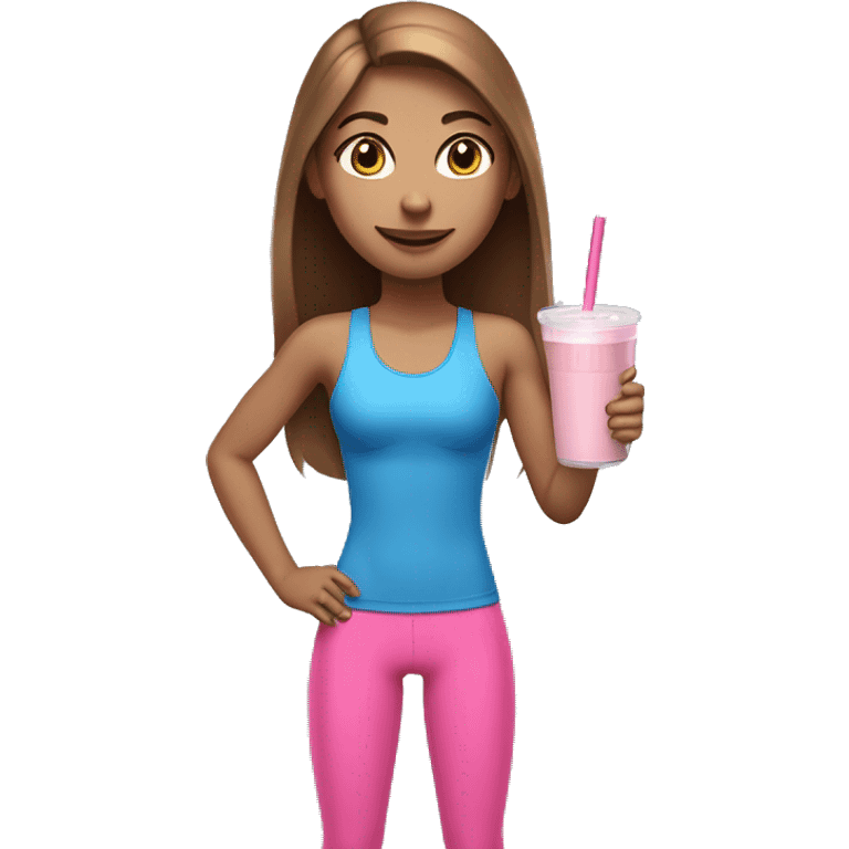 a girl with brown long straightened hair and blue eyes with pink leggings and pink sports top with a protein shake in her hand emoji