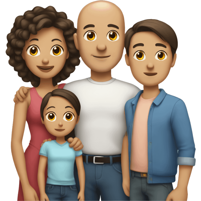 Family with bald father, brunette mother, young girl, young boy and small dog emoji