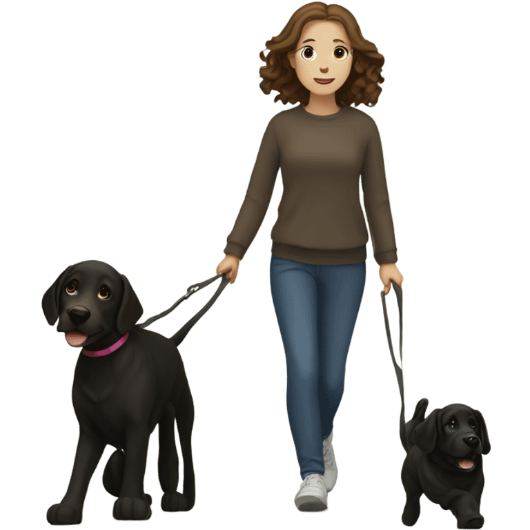 White girl with wavy brown hair walking a black Labrador emoji