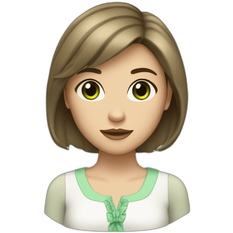 Female with brunette hair and slightly fringe and green eyes. Wearing formal cute outfit emoji