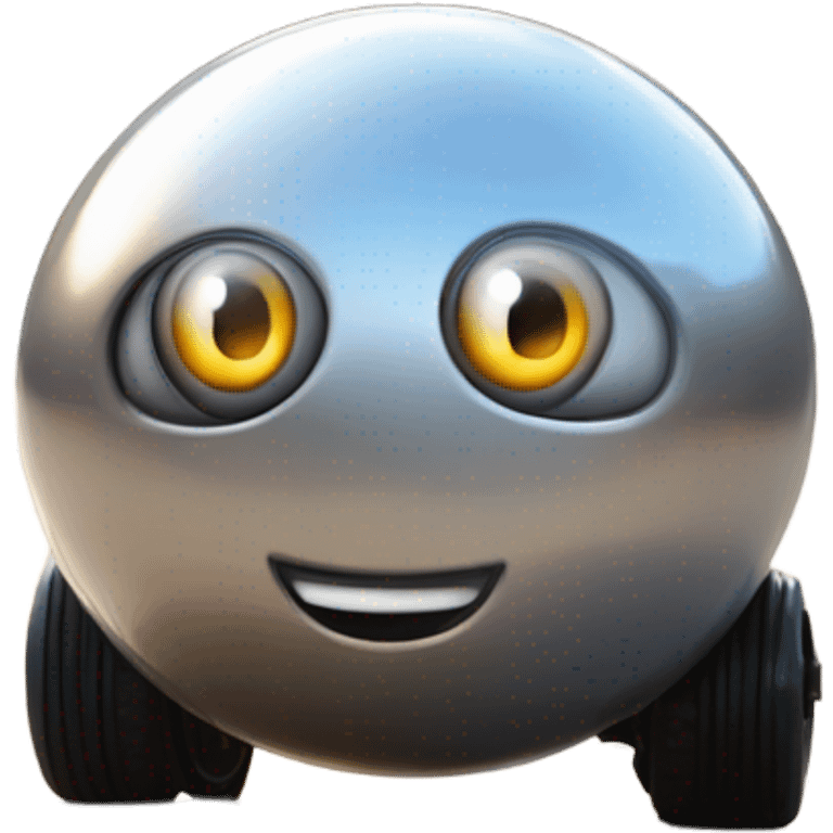 Metal ball with oval-shaped eyes driving on 4 car wheels emoji