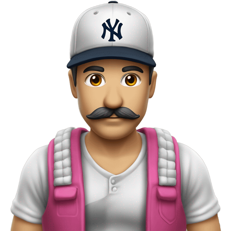 Homme blanc / viril / cheveux courts noir / moustache / casquette noir yankees noir / avec une bière / t-shirt rose emoji