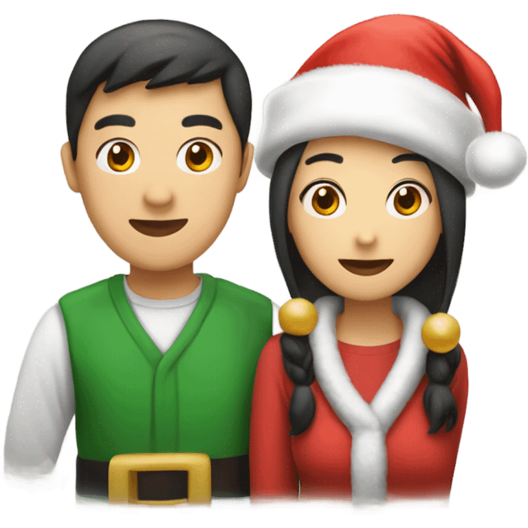 Asian couple with Santa hats holding “Merry Christmas Mofos” sign emoji