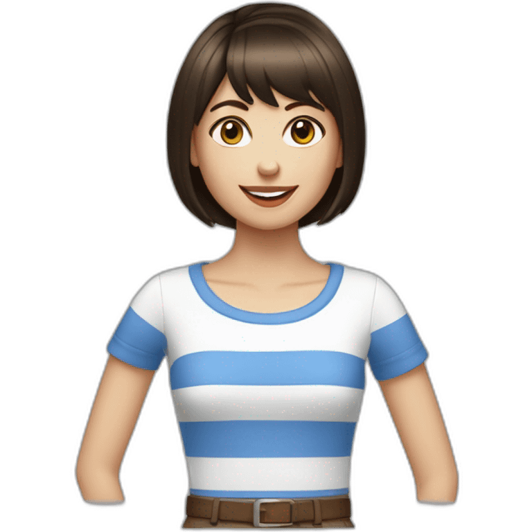 caucasian woman with dark brown hair a bob haircut, bangs, braces on teeth, blue and white striped t shirt emoji