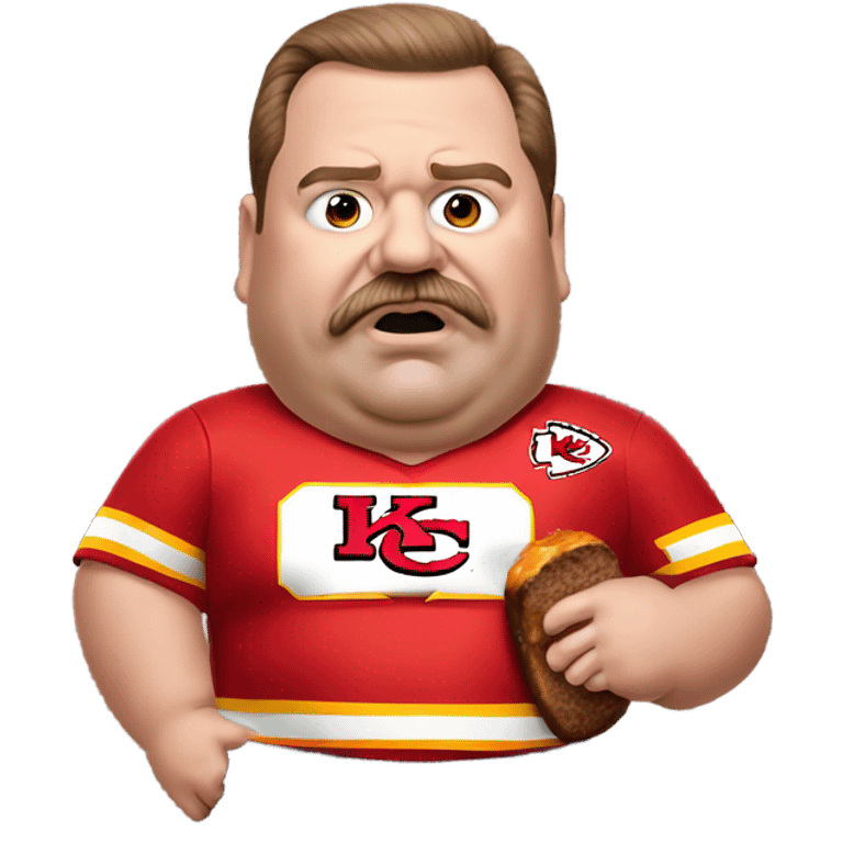 Very obese Andy Reid Kansas City chiefs eating meatloaf he’s pulled from his pocket wearing a chiefs uniform emoji