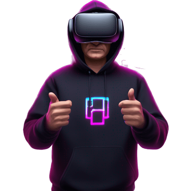 Putin wearing a black hoodie with "OMG" letters on it and VR headset oculus quest 2 in a cyberpunk VR environment with violet neon lighting. emoji