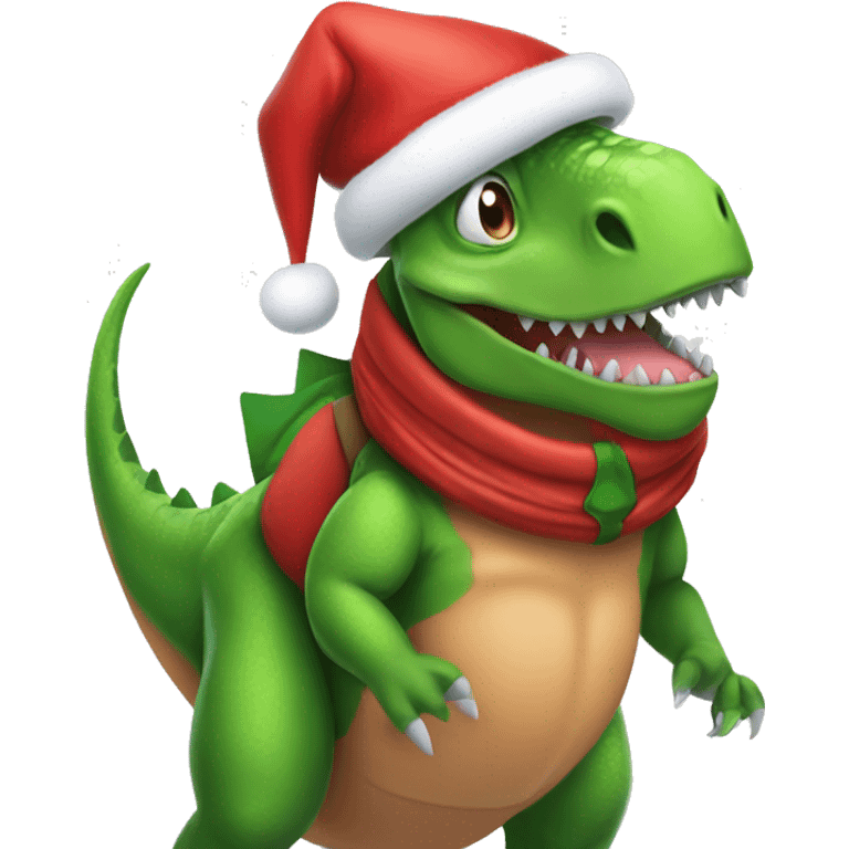 Dinosaur dressed up as Santa Clause with an elf on its shoulder emoji