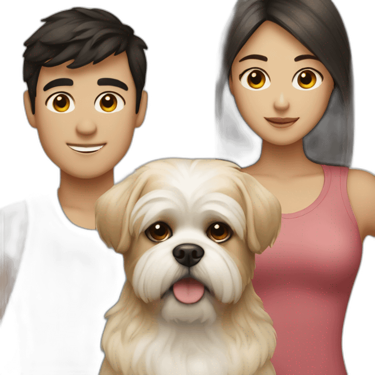 a dark hair boy with a blonde girl and a shih tzu emoji