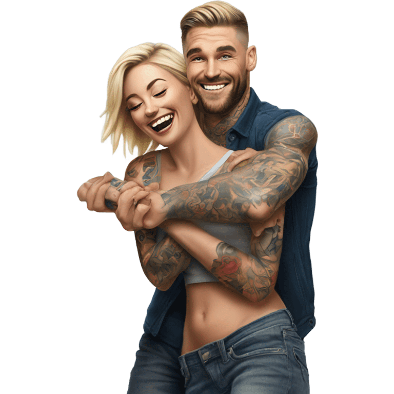 Hyper Realistic beautiful woman getting a piggy back off a handsome tattooed man laughing  emoji