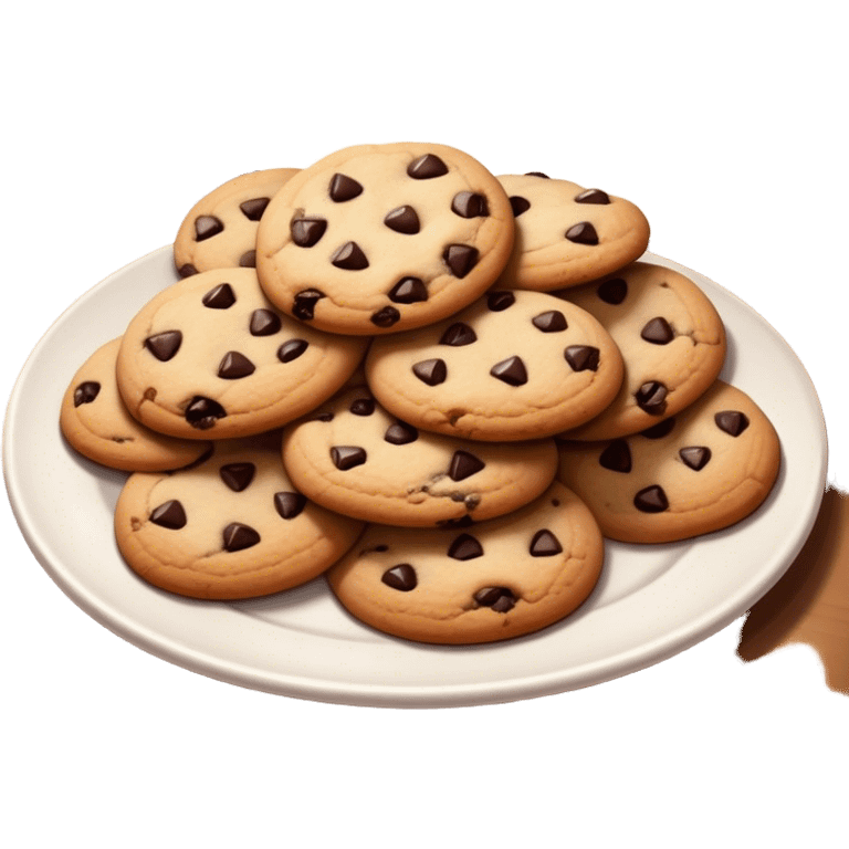 Cinematic Realistic Cookies Dessert Emoji, showcasing a plate of freshly baked cookies with gooey chocolate chips rendered with lifelike textures and warm, homey lighting. emoji