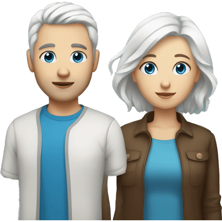 Woman with brown hair and man with white hair both with blue eyes emoji