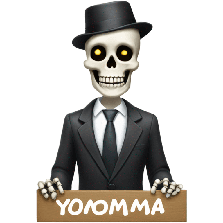 a skeleton dressed in a suit with a smug smile holding a sign that says"Yomama" emoji