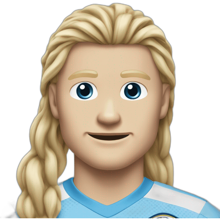 Realistic Erling Braut Haaland has long hair, in a catogan. He is wearing Manchester City football shirt.It has the numéro 9 emoji