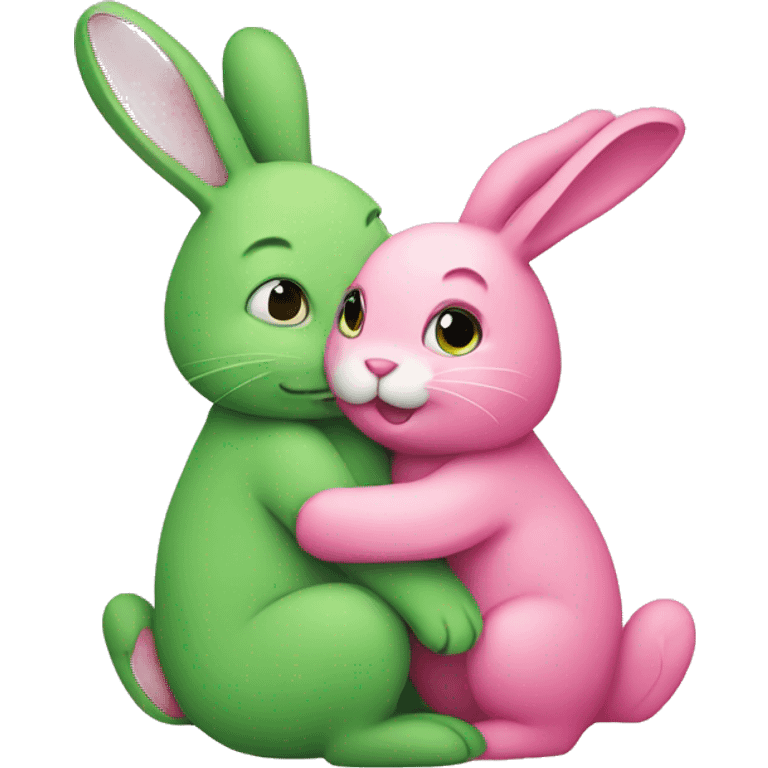 Green bunny hugging pink bunny emoji