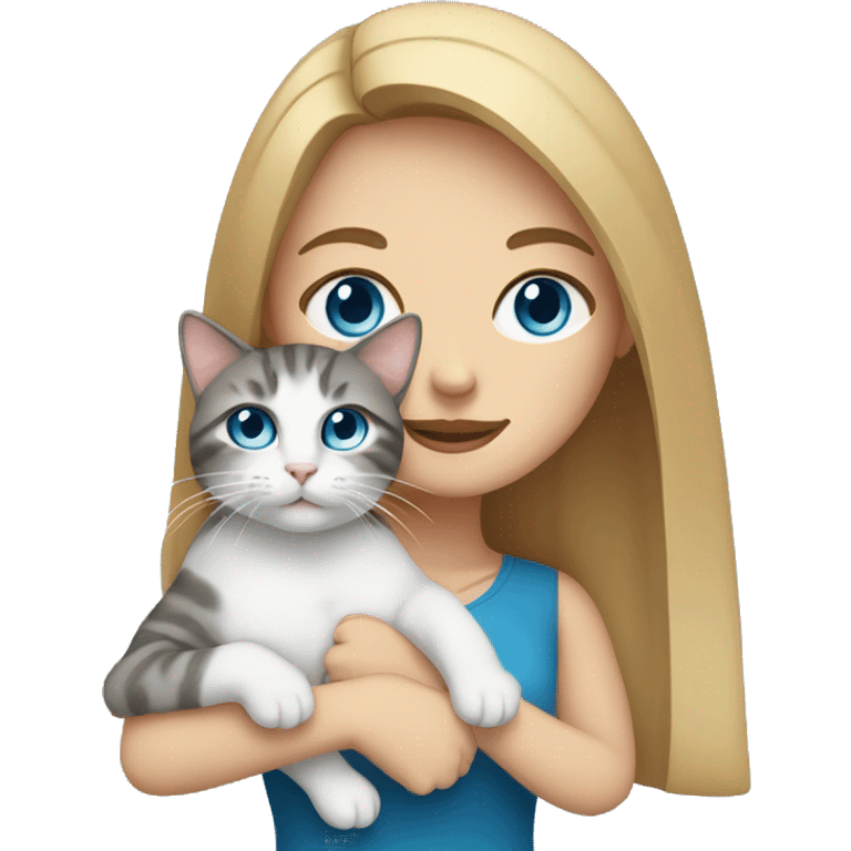 White Woman with blue eyes and long dark hair holding a tabby cat emoji