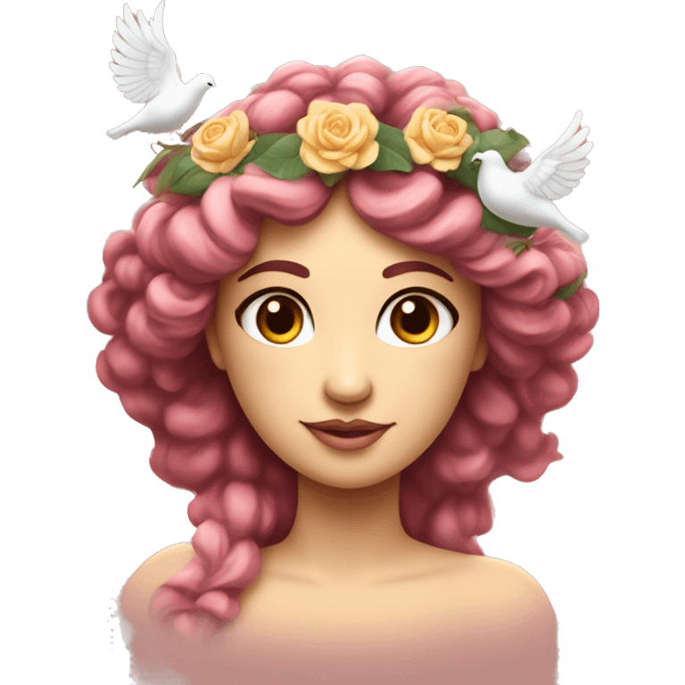 Aphrodite with a flower crown and a dove and hearts. Goddess of love from Greek mythology  emoji