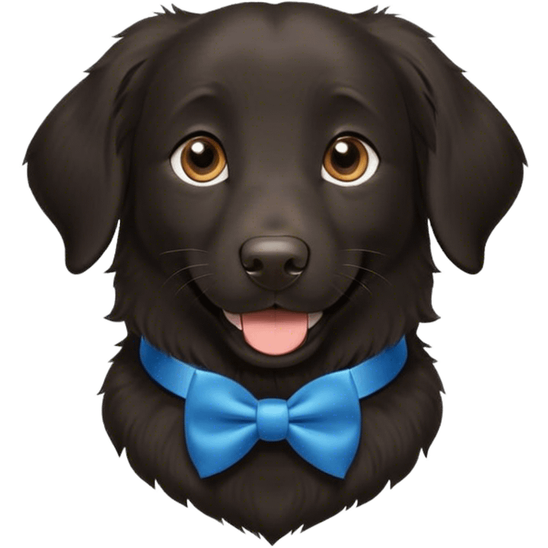 Black, flat-coated retriever, smooth fur with  fluffy ears, smiling face, blue bow tie collar, brown eyes emoji