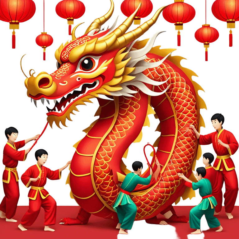 Cinematic Realistic scene of a traditional Chinese Dragon Dance featuring a team of performers skillfully manipulating a colossal, flexible dragon puppet, its intricately detailed, vibrant scales and flowing, embroidered fabric catching the light, set against a festive backdrop of red lanterns and dynamic red-tinged lighting that accentuates the majestic presence of the dragon puppet. emoji