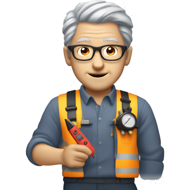 this man grey hair with less hair and glasses and dressed like an electrician with multimeter emoji