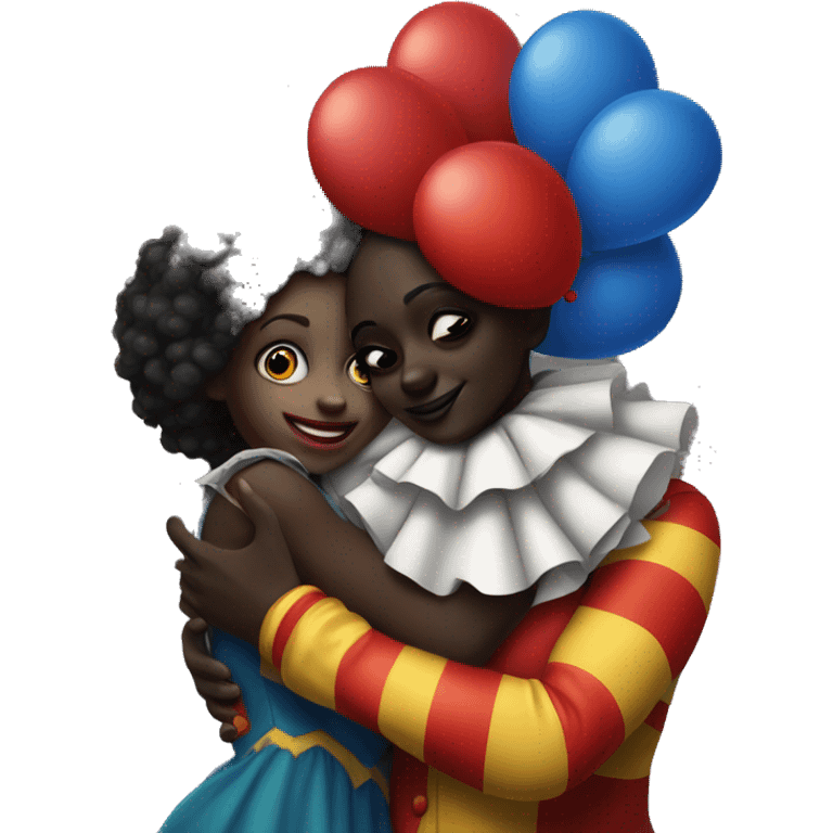 Dark skin girl hugging a clown, clown has on clown makeup, red nose,  emoji