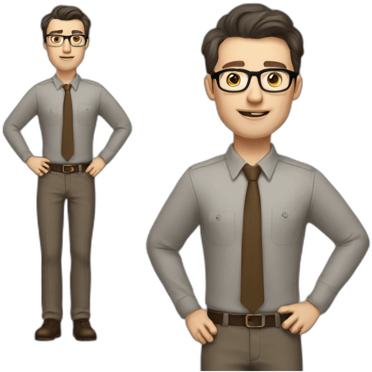 Full height Actively Gesturing Pale skinned fit man with dark brown hair in gray jacket, beige office shirt, brown tie, brown pants and vintage glasses. emoji