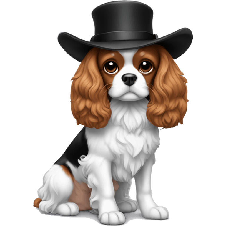 Un cavalier King Charles noir et blanc, avec un chapeau haut de forme chic noir emoji