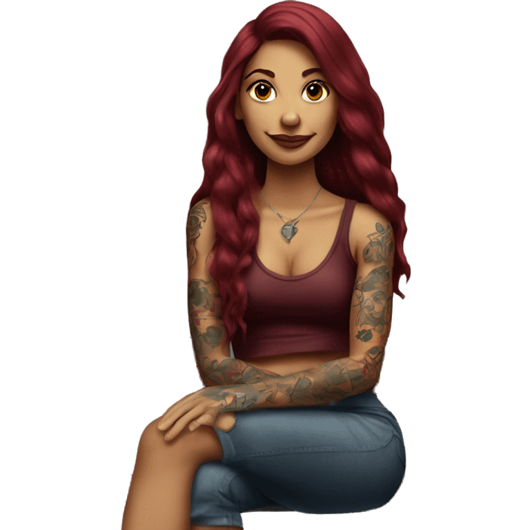 Beautiful tattooed burgundy long haired woman sitting on a bench emoji