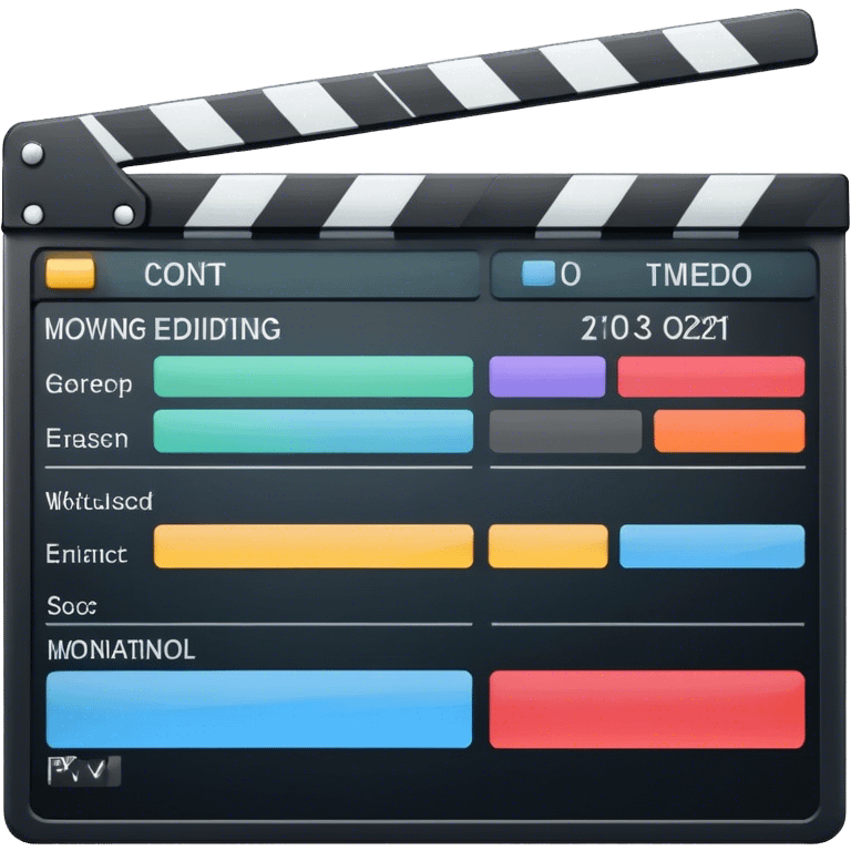 Create an emoji representing video editing. The design should feature a video editing software interface with a visible timeline, video clips, and audio tracks. Include elements like a film strip or a clapperboard to represent the filmmaking aspect. No smiley faces. Make the background transparent. emoji