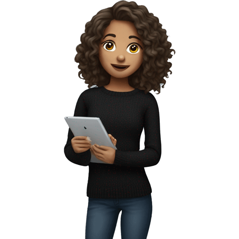 Brunette girl with wavy hair in black sweater with opened shoulders with iPad  emoji