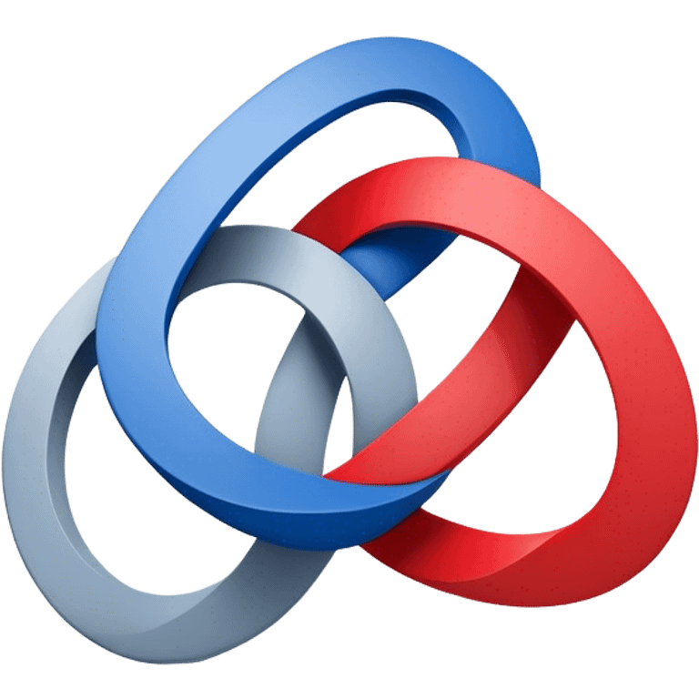 A logo or graphic design featuring two interconnected shapes. One shape is a red triangle, and the other is a blue square. Both are rendered in a 3D style, giving the impression of depth and overlapping planes. A gray circular shape links the red triangle and blue square. The interlocking shapes form a design resembling the number 8 or an infinity symbol. The design is clean, simple, with bright colors of red and blue, and a neutral white background. emoji