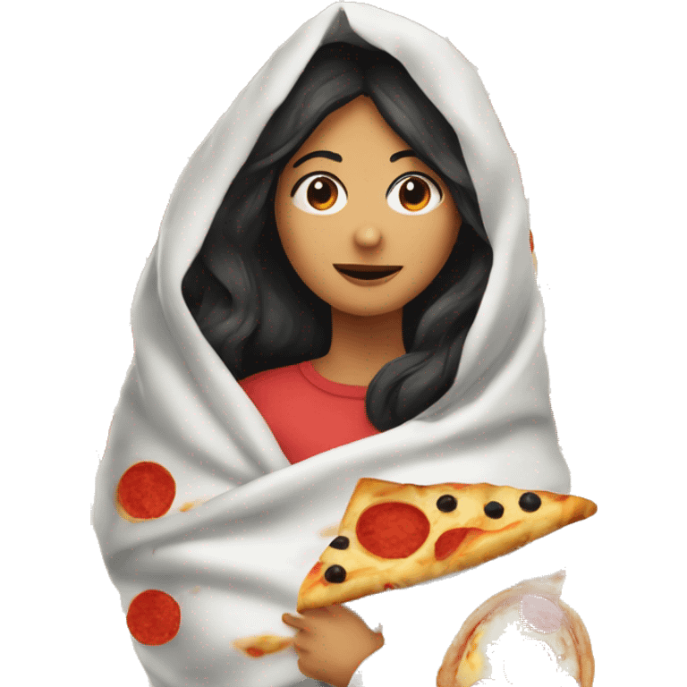 Dark hair girl under the blanket with a pizza emoji