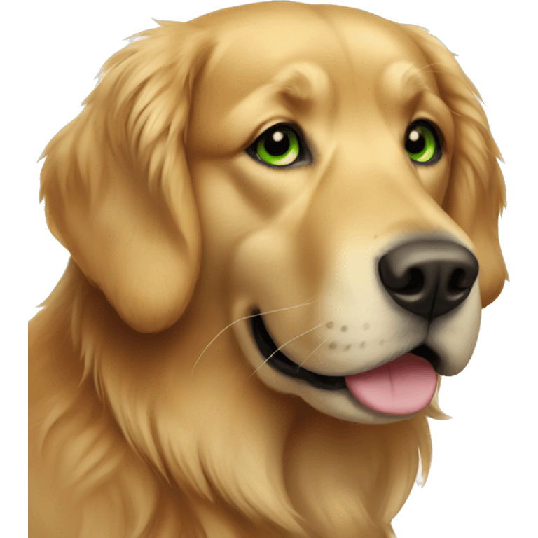 A golden retriever with lady that has brown hair and green eyes emoji