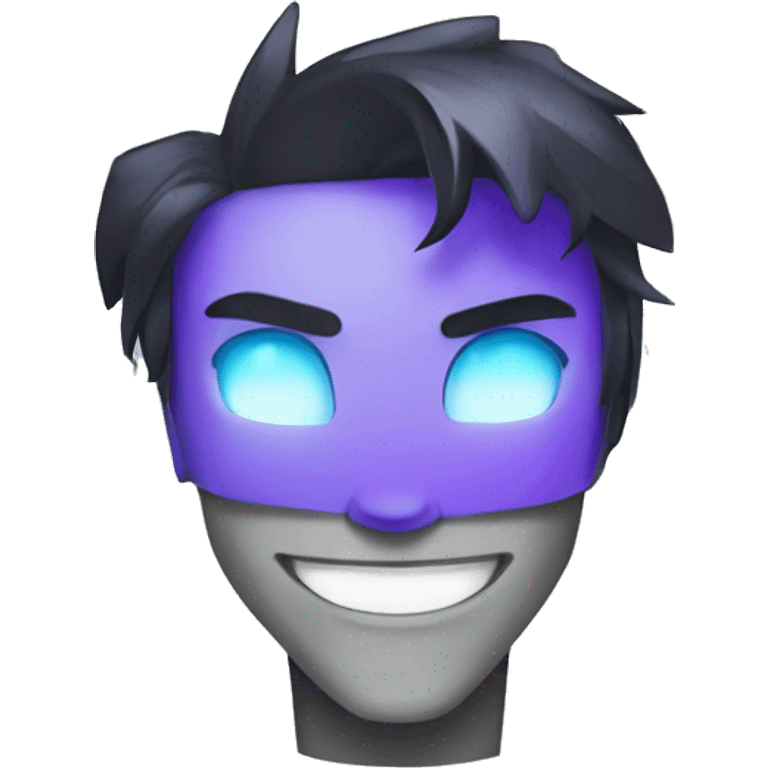 A teenage Robot boy face, metal gray Face, Glowing Blue Eyes, Violet Hair, Black Jacket emoji