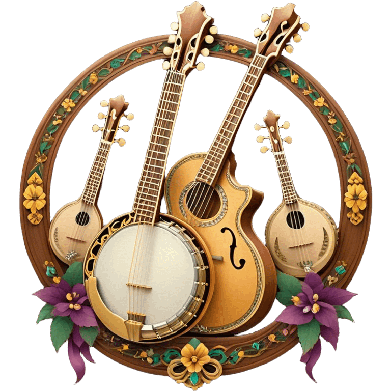 Create an intricate, festive, and emblematic emoji symbolizing plucked string instruments. The design should resemble a regal crest, featuring instruments like a banjo, mandolin, domra, sitar, and other plucked strings, arranged symmetrically in an ornate composition. Their necks and strings should elegantly intertwine with a flowing ribbon of musical notes, wrapping gracefully around the instruments. The overall shape should be grand and balanced, evoking a sense of tradition and celebration. Use a rich and refined color palette with gold, deep mahogany, and vibrant accents, adding intricate wood textures, decorative inlays, and metallic tuning pegs for a professional, polished look. The background should be transparent, making the emblem stand out as an independent artistic mark emoji