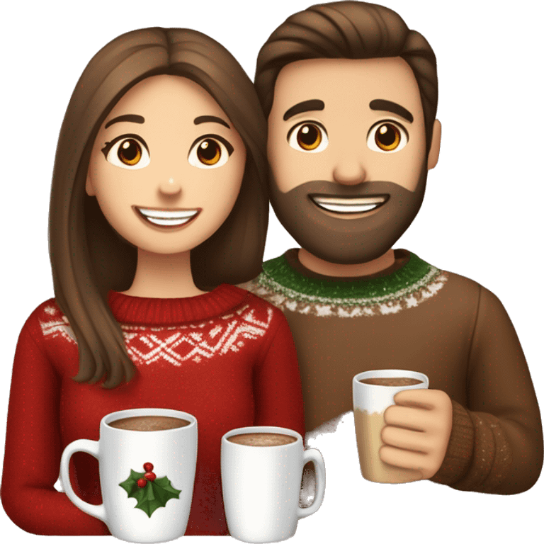 White couple, girl with long straight brown hair and boy with brown hair and beard, christmas sweaters, celebrate, hot chocolate emoji