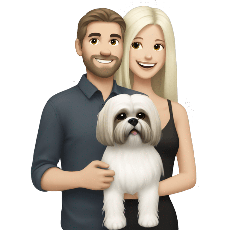 White blonde long-haired girl with white brunette boy carrying happy, black Shih Tzu emoji