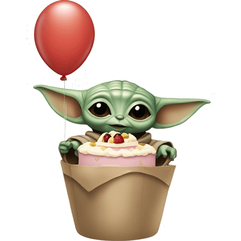 baby yoda holding a cake and a balloon emoji