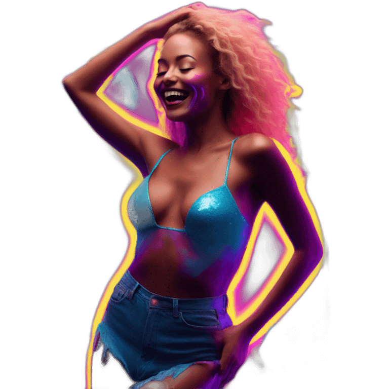 Sexy Neon sign shows laughing model dancer in tasteful body paint from behind emoji