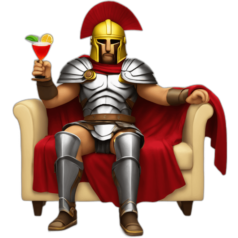 The Spartan Leonidas and his red cape with a cocktail in hand and his helmet under his arm relaxing on a sofa. emoji