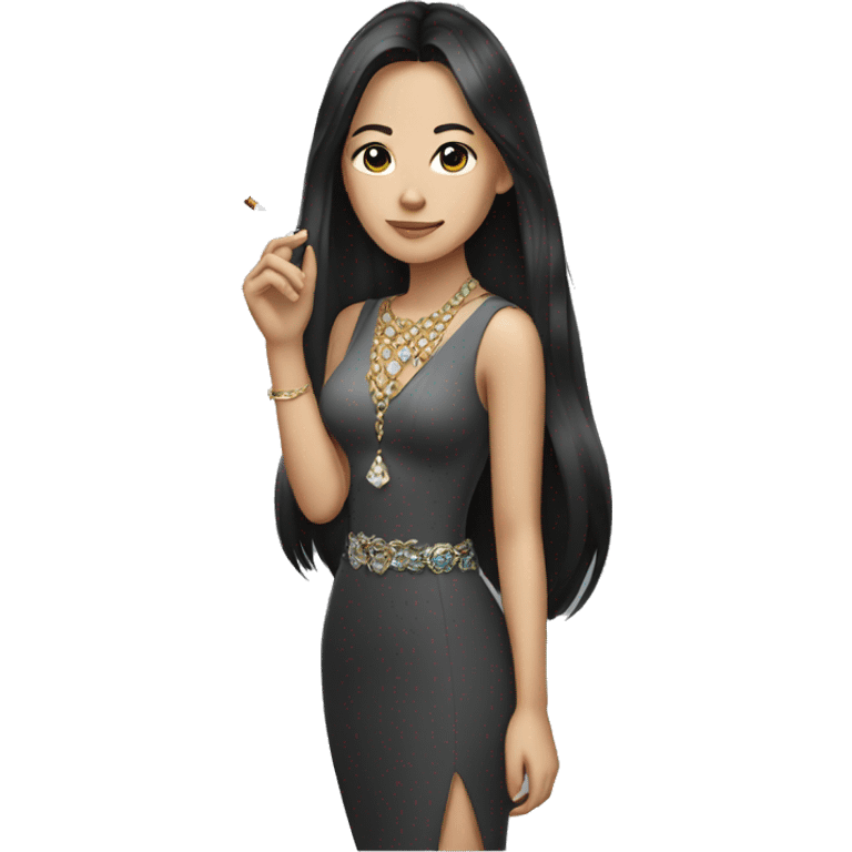 Asian brunette with long hair wearing jewelry smoking emoji