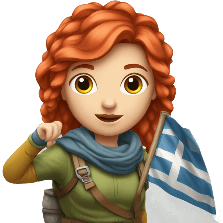 red hair female winter mountaineer offering red Easter eggs and Greek flag emoji