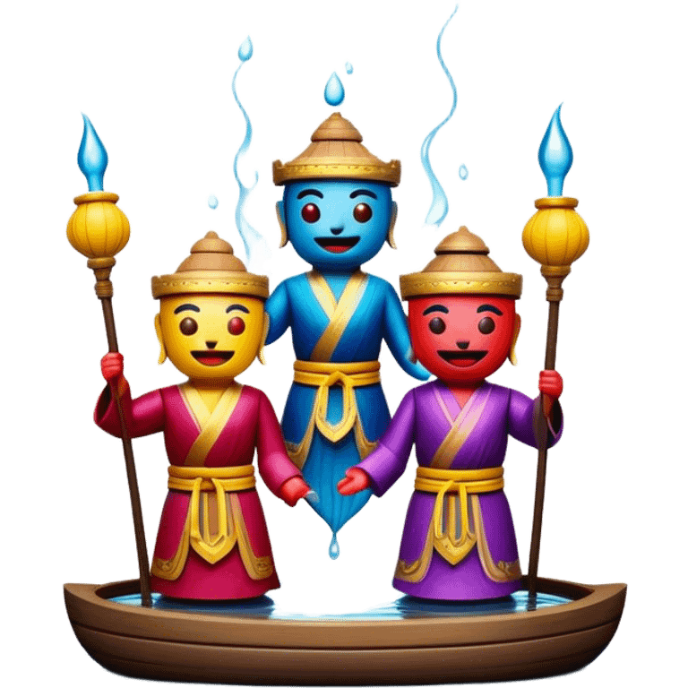 Cinematic Realistic Water Puppetry Emoji, depicted as a whimsical scene of traditional water puppets performing on a reflective water stage, rendered with vivid textures and dynamic playful lighting that captures its enchanting charm. emoji