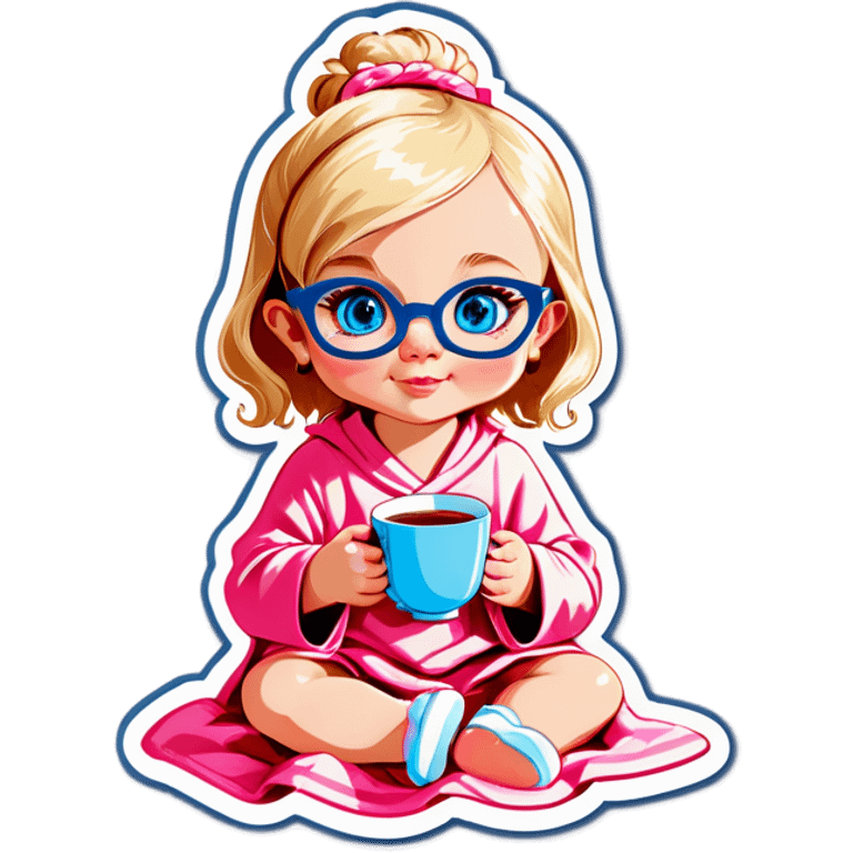 Blonde baby blue eyes gold glasses cup of tea pink blanket emoji