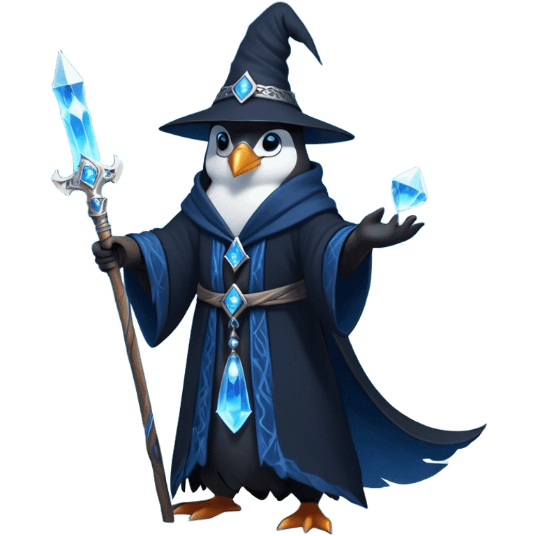 A mysterious penguin mage with sleek midnight-blue feathers, wearing a flowing black robe adorned with silver runes. A tall, pointed wizard hat sits slightly tilted on his head, the brim casting a shadow over his glowing icy-blue eyes. His flipper clutches an ancient wooden staff topped with a swirling crystal, radiating a soft, cold light. Snowflakes drift around him as he stands on a frozen cliff, his aura crackling with arcane energy, ready to summon a blizzard with a flick of his staff. emoji