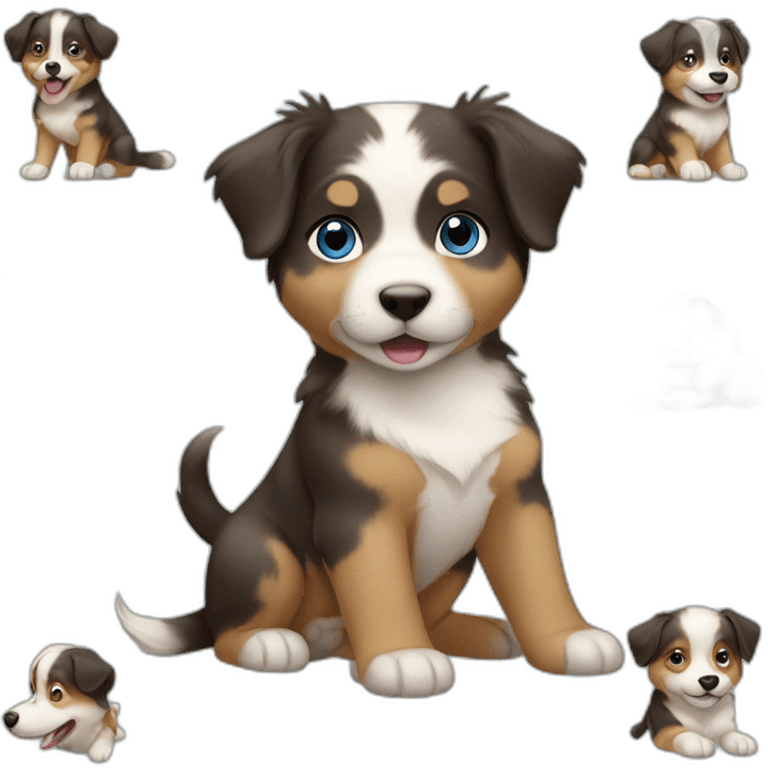 Asian baby riding on australian shepherd dog with blue eyes emoji