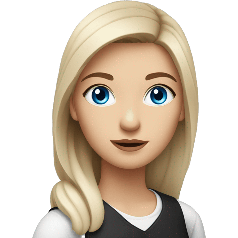 Slavic woman with blue eyes, eyes look up, fair skin, straight gradient medium length hair, eyes makeup, dressed in white T-shirt and office black jacket, one side of hair is tucked behind the ear. emoji