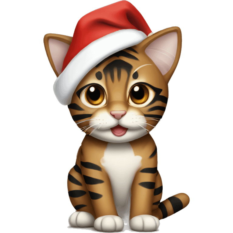 Brown and black tiger striped cat in a Santa hat emoji