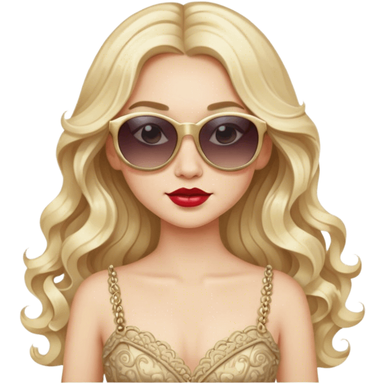 a pale blonde girl with elaborate makeup and dress, long wavy hair, wearing sunglasses, confident emoji